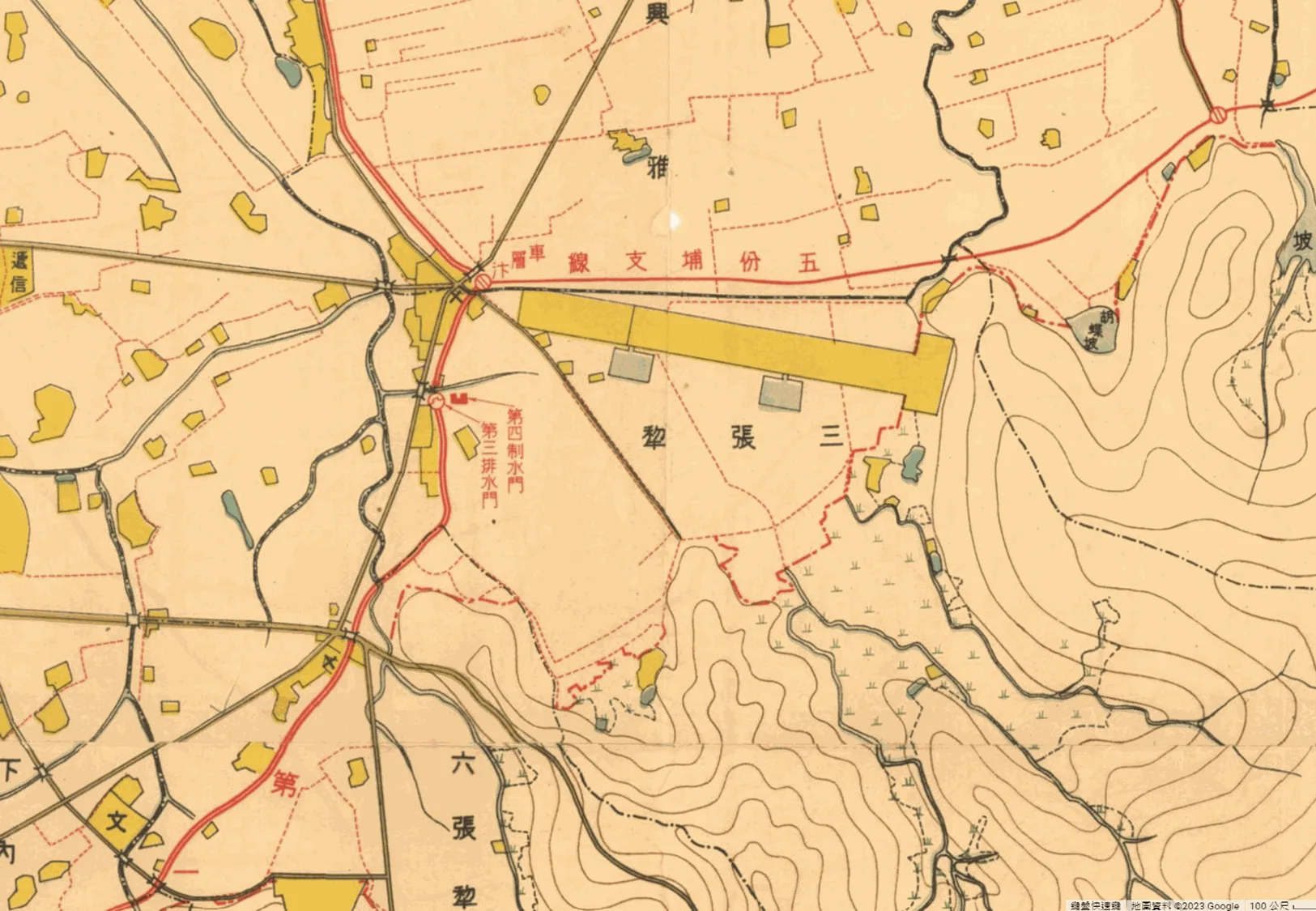 瑠公水利組合區域圖，可見圳路彎曲走向