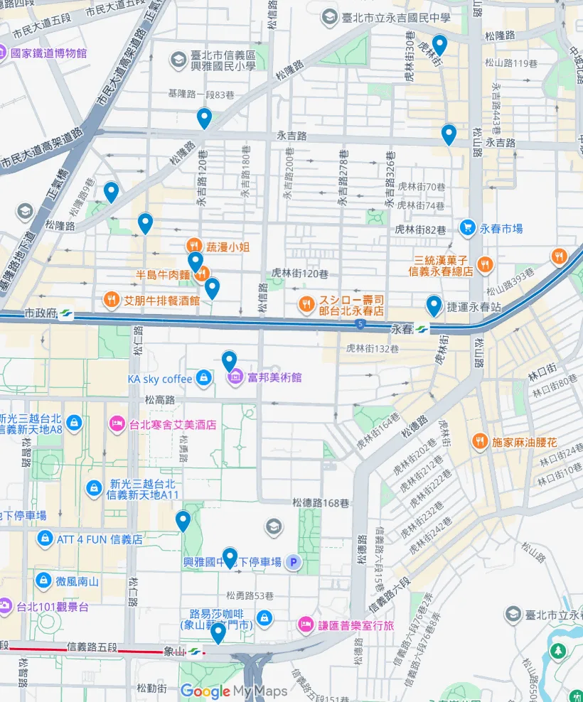 路線總圖，標示五分埔支線、蝴蝶陂、象山河溝與捷運象山站相對位置